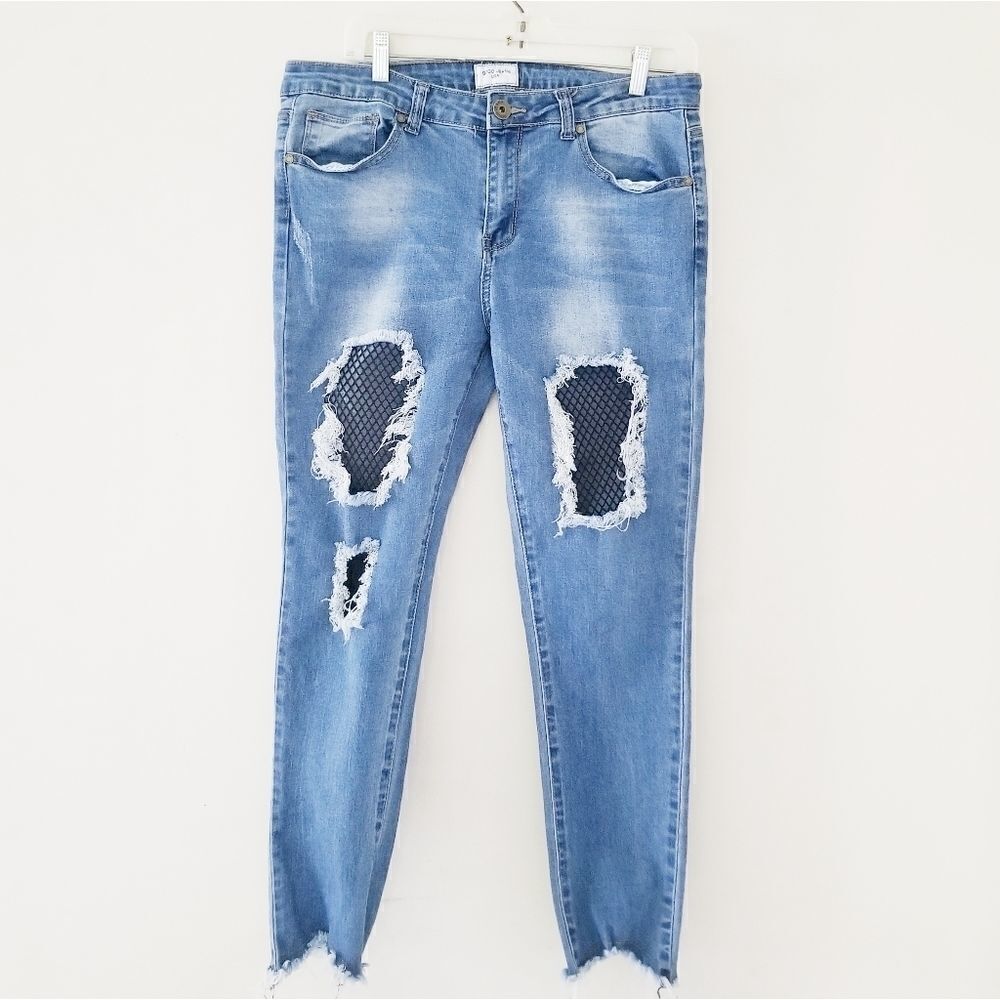 Gogo jeans heavy distressing with mesh detail